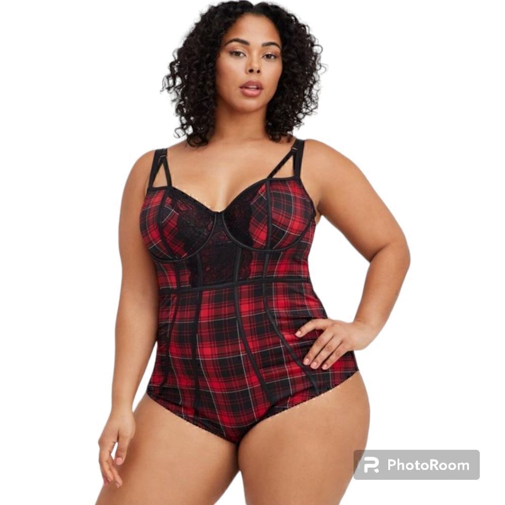 6X 30W Torrid Red Plaid Bodysuit Underwire Lingerie Punk Snaps Lace Cutout Pipin